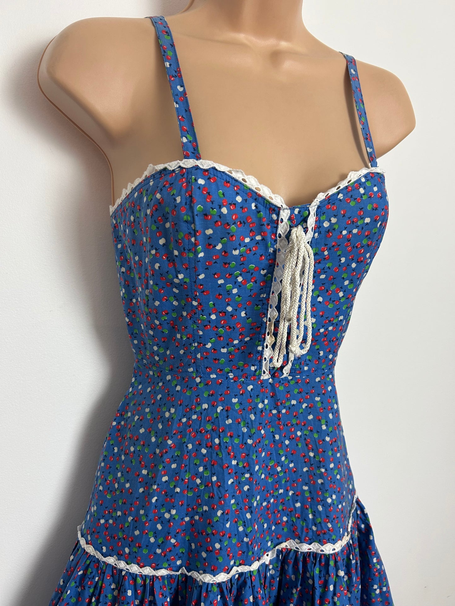 Vintage 1970s DOLLY DOLLY Size 4-6 Blue Green Red & White Apple Print Lace Up Belted Summer Dress