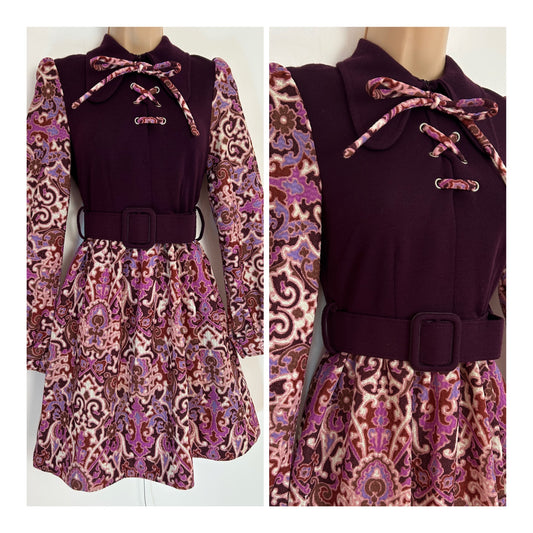 Vintage 1960s UK Size 6 Plum Purple Tones Abstract Floral Print Beagle Collar Belted Mini Mod Dress