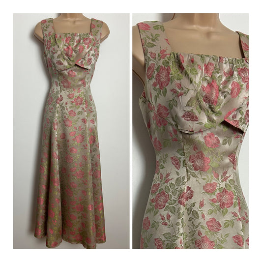 Vintage 1950s Size 10 Beautiful Pale Gold Pink & Green Floral Jacquard Occasion Dress