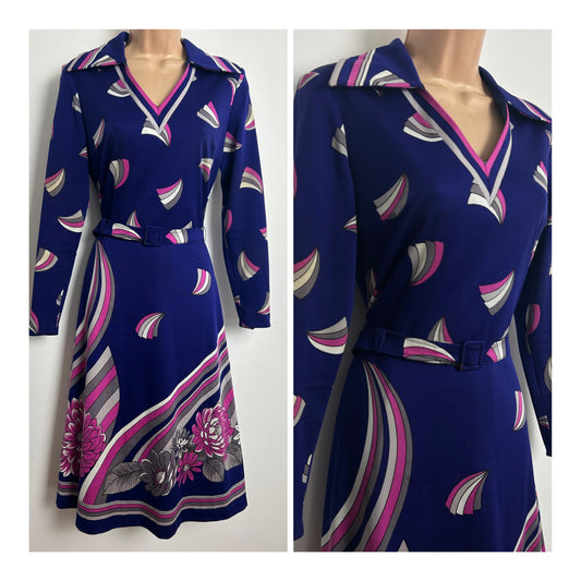 Vintage 1970s VERENA MODELLE Size 10 Purple Pink & Grey Floral Stripe & Abstract Print Belted Dress