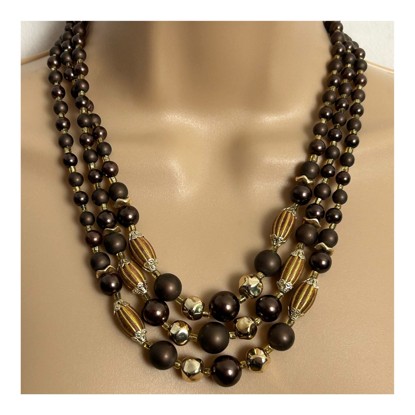 Vintage 1960s Brown & Gold Bead Triple Stand Chunky Necklace