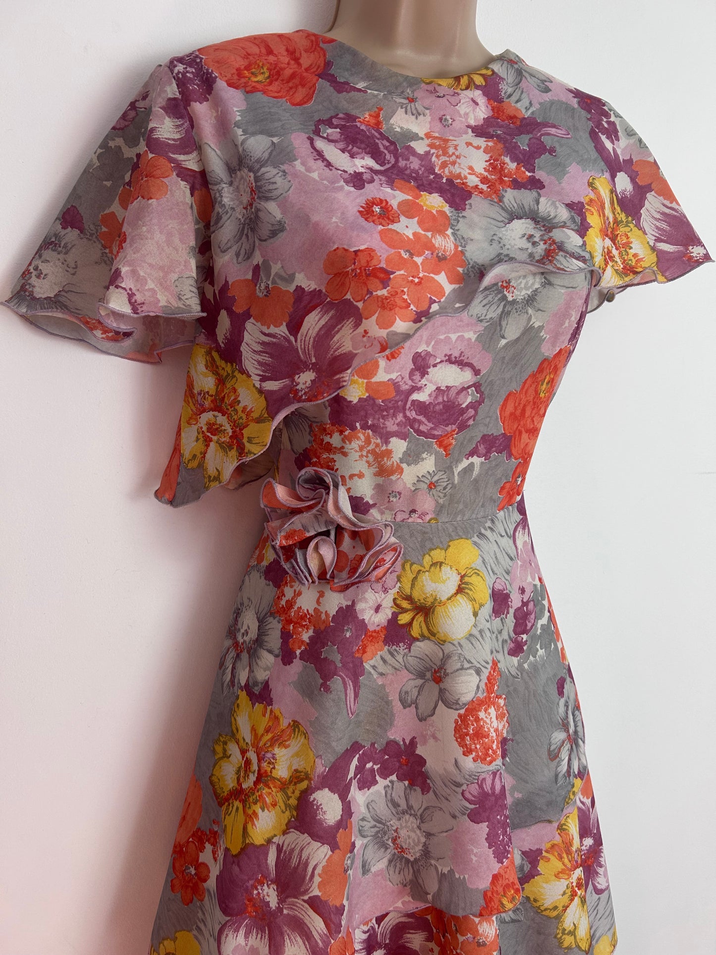 Vintage 1970s UK Size 10 Grey Orange & Plum Purple Floral Print Layered Boho Maxi Dress