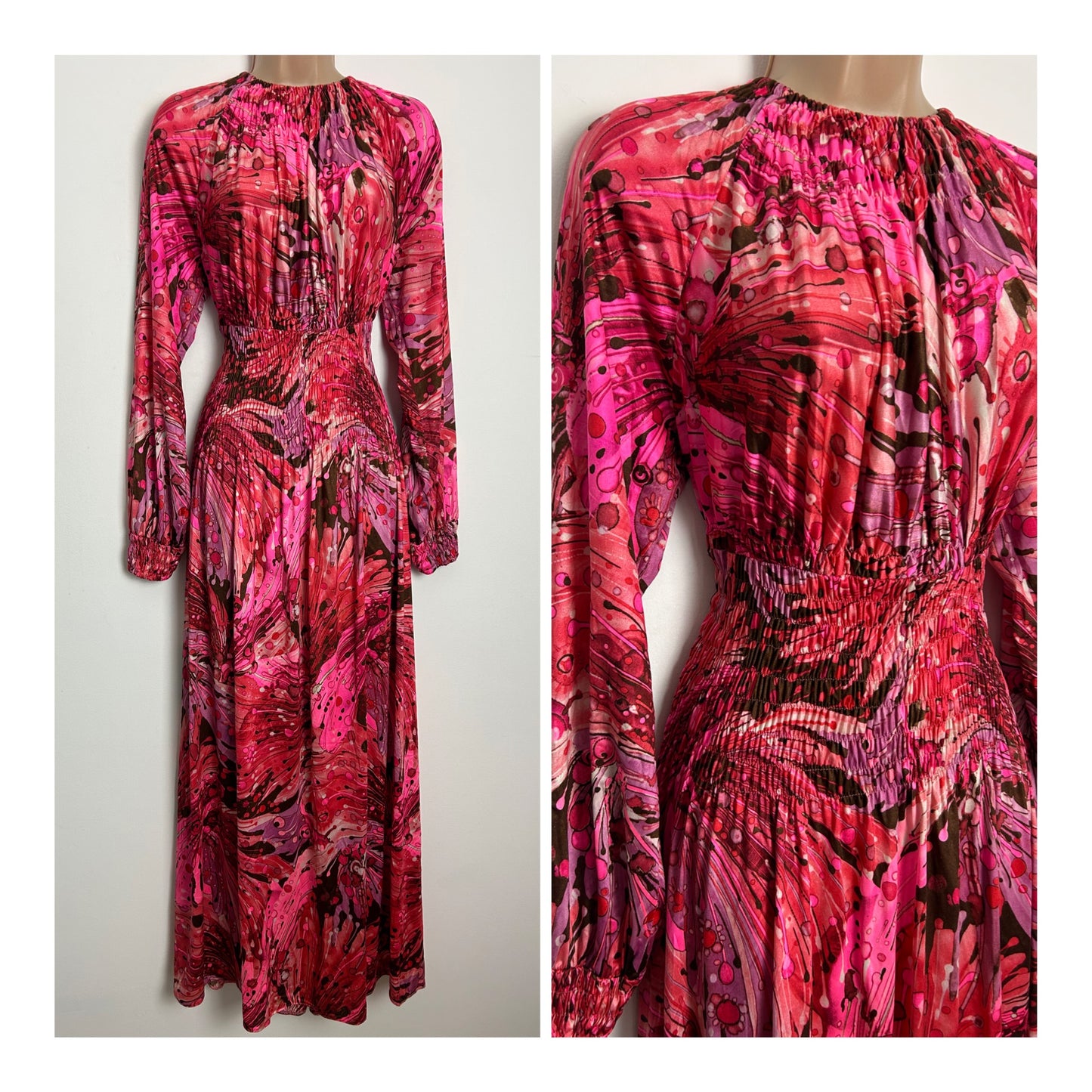 Vintage 1970s Size 10-12 Pink Abstract Psychedelic Print Long Sleeve Shirred Neck Maxi Dress