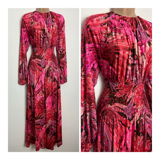 Vintage 1970s Size 10-12 Pink Abstract Psychedelic Print Long Sleeve Shirred Neck Maxi Dress