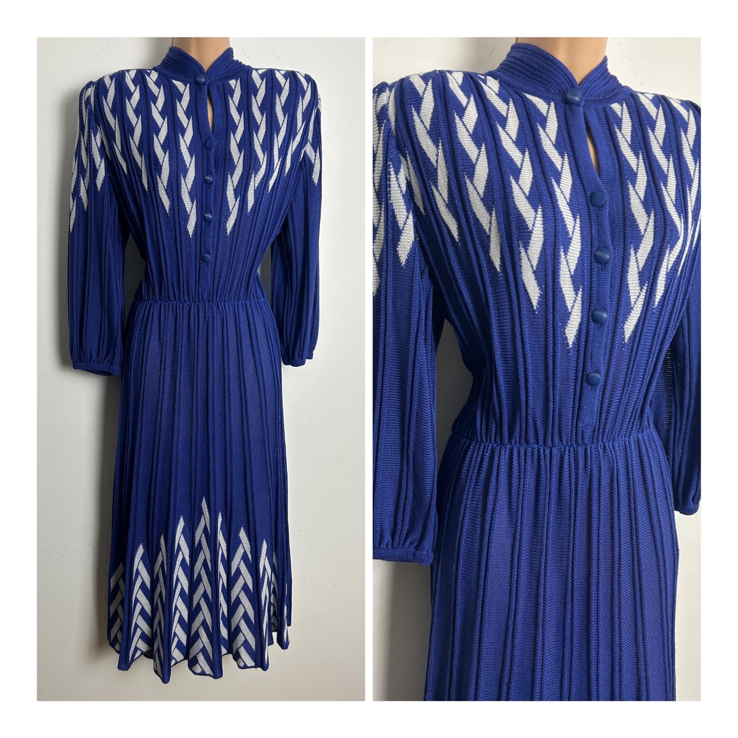 Vintage 1980s MEDICI BY GILL HARVEY Italian Size 10 Navy Blue & White Patterned Knitted Midi Dress