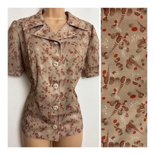 Vintage 1970s UK Size 12 Beige Brown & Red Abstract Print Long Sleeve Polyester Shirt