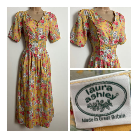 Vintage 1980s LAURA ASHLEY UK 8 (Size 12 On Label) Tuscan Yellow Pink & Pale Green Floral Pleated Midi Dress