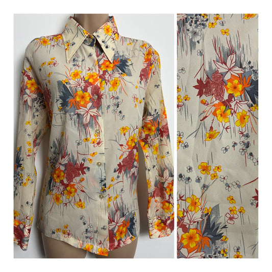 Vintage 1970s Size 14 Cream Orange Dark Red & Grey Floral Dagger Collar Long Sleeve Shirt