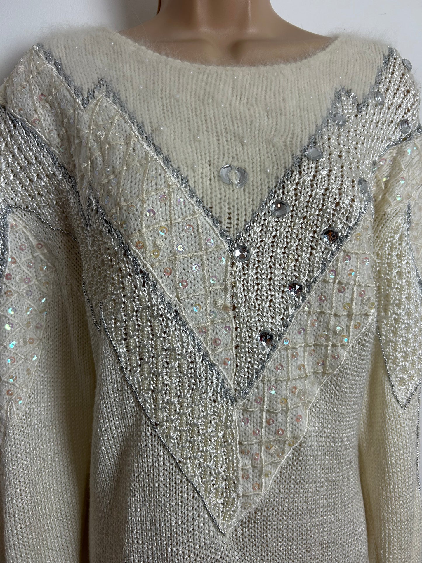 Vintage 1980s Up To Size 18-20 Winter White Sequin & Jewel Detail Winter Jumper