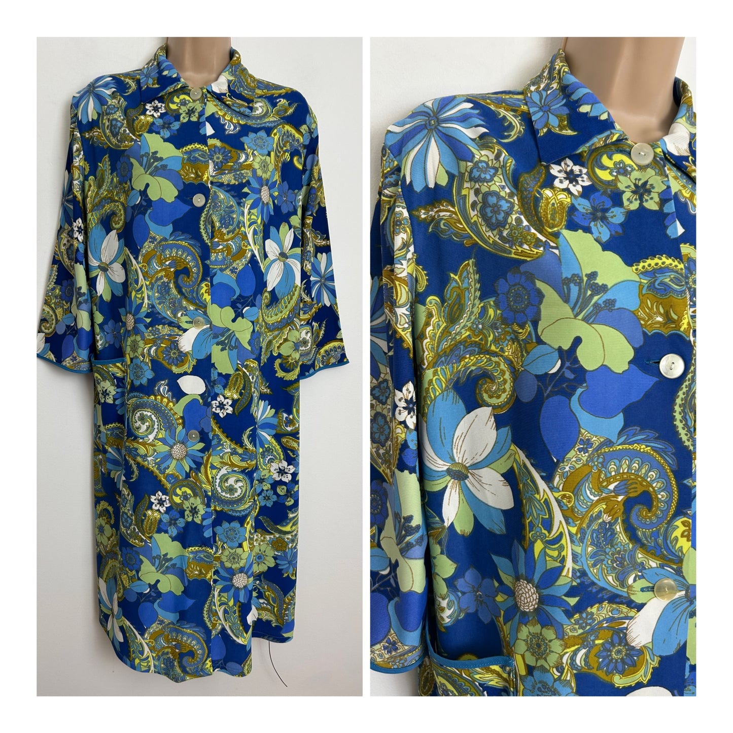 Vintage 1960s Up To Size 16 Blue & Green Floral Paisley Print Pocket Detail Mid Length House Coat