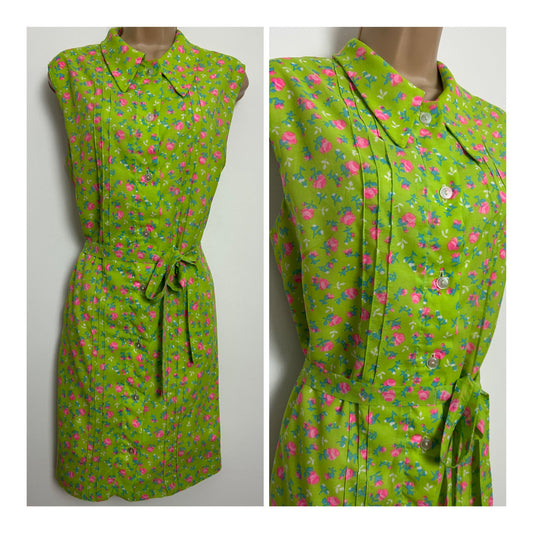 Vintage 1960s DANDI BY BERKERTEX Size 14-16 Green Pink & Blue Floral Print Belted Mod Dress