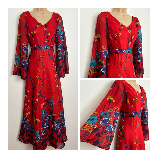 Vintage 1970s Size 10 Pretty Red Blue & Yellow Floral Print Long Flared Sleeve Chiffon Maxi Dress