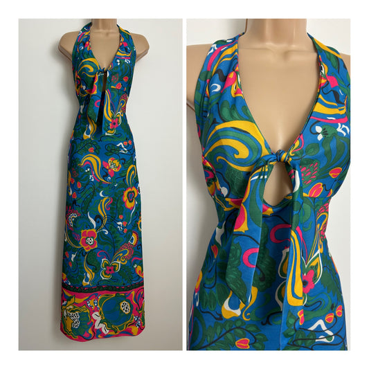 Vintage 1970s Size 8-10 Blue Green Yellow & Pink Floral Print Tie Front Halterneck Maxi Dress