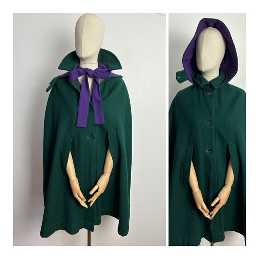 Vintage 1950s (Possibly 1940s) RARE LILLYWHITES OF PICADILLY UK Size 8-10 Bottle Green Hooded Cape With Purple Pussy Bow Tie