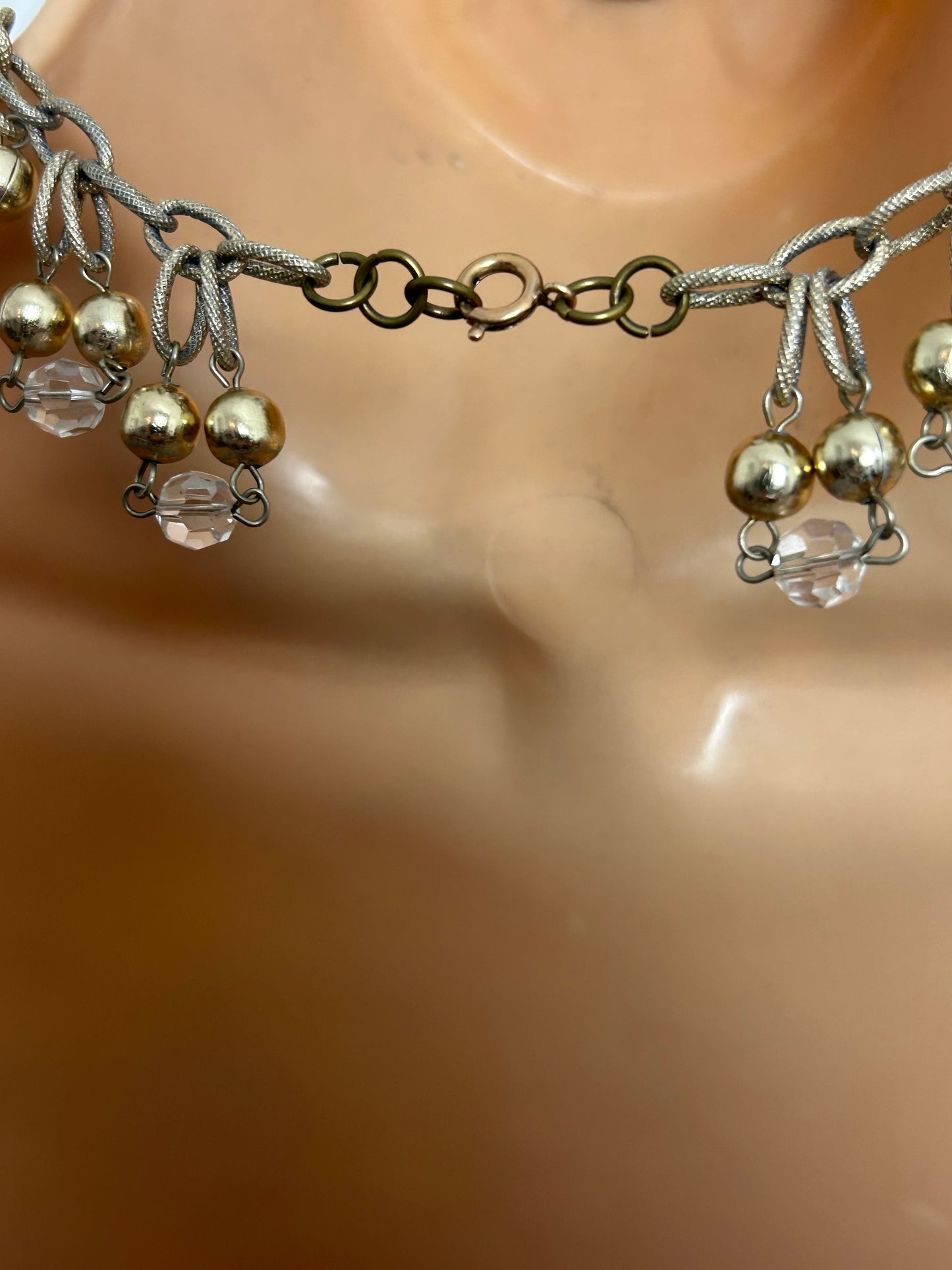 Vintage 1960s Gold Tone Base Metal Glass & Metal Bead Droplets Choker Necklace