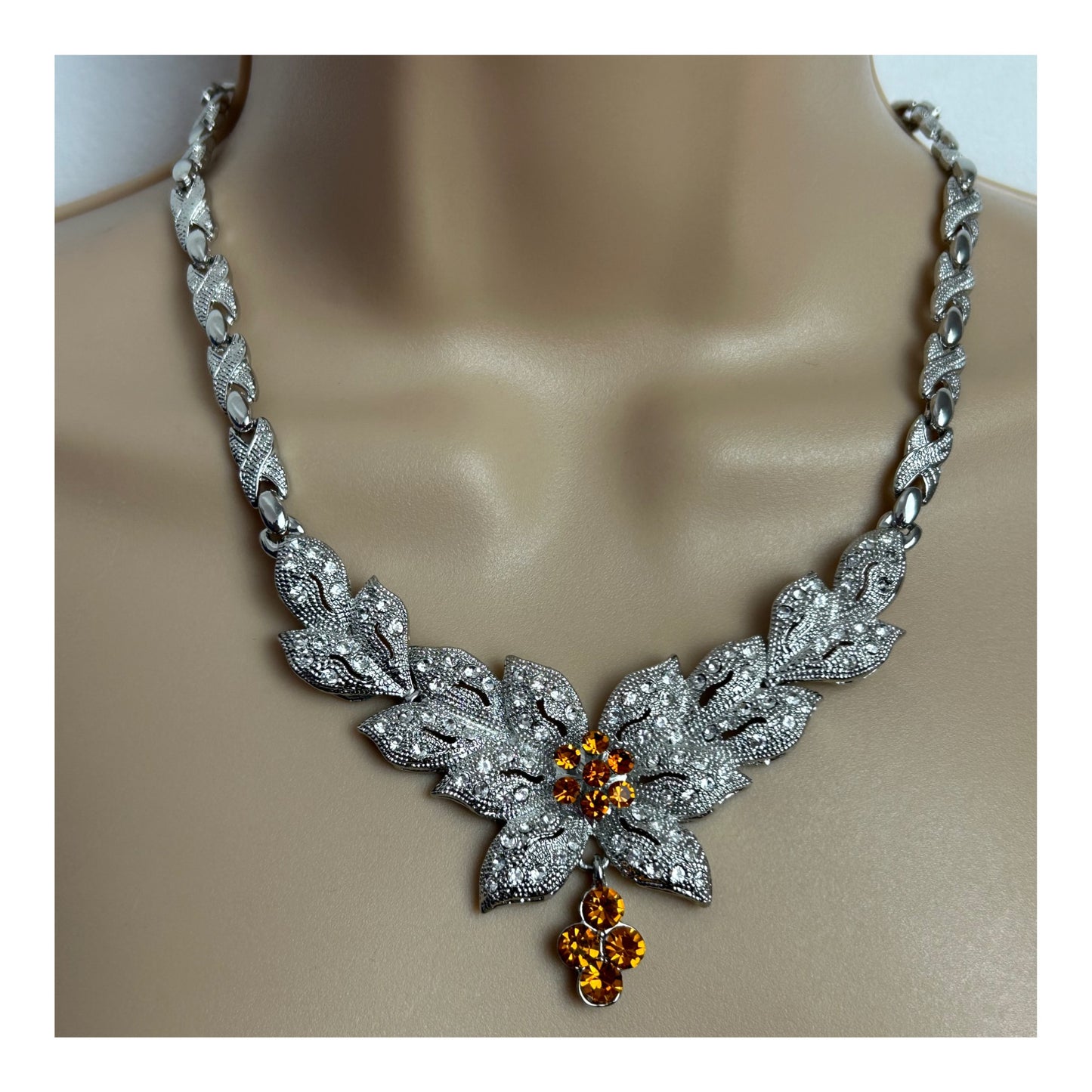 Vintage 1960s Beautiful Silver Tone Marcasite Clear & Amber Diamante Stone Set Flower Necklace