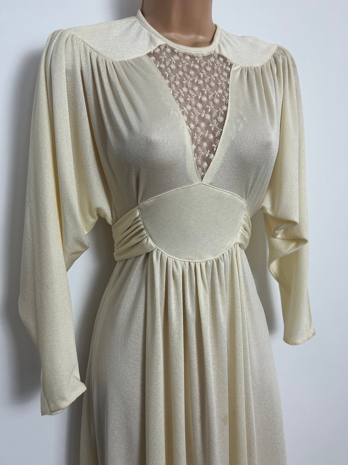 Vintage 1970s MR DARREN Size 8 Cream Lace Panel Grecian Style Draped Sleeve Occasion Wedding Boho Maxi Dress