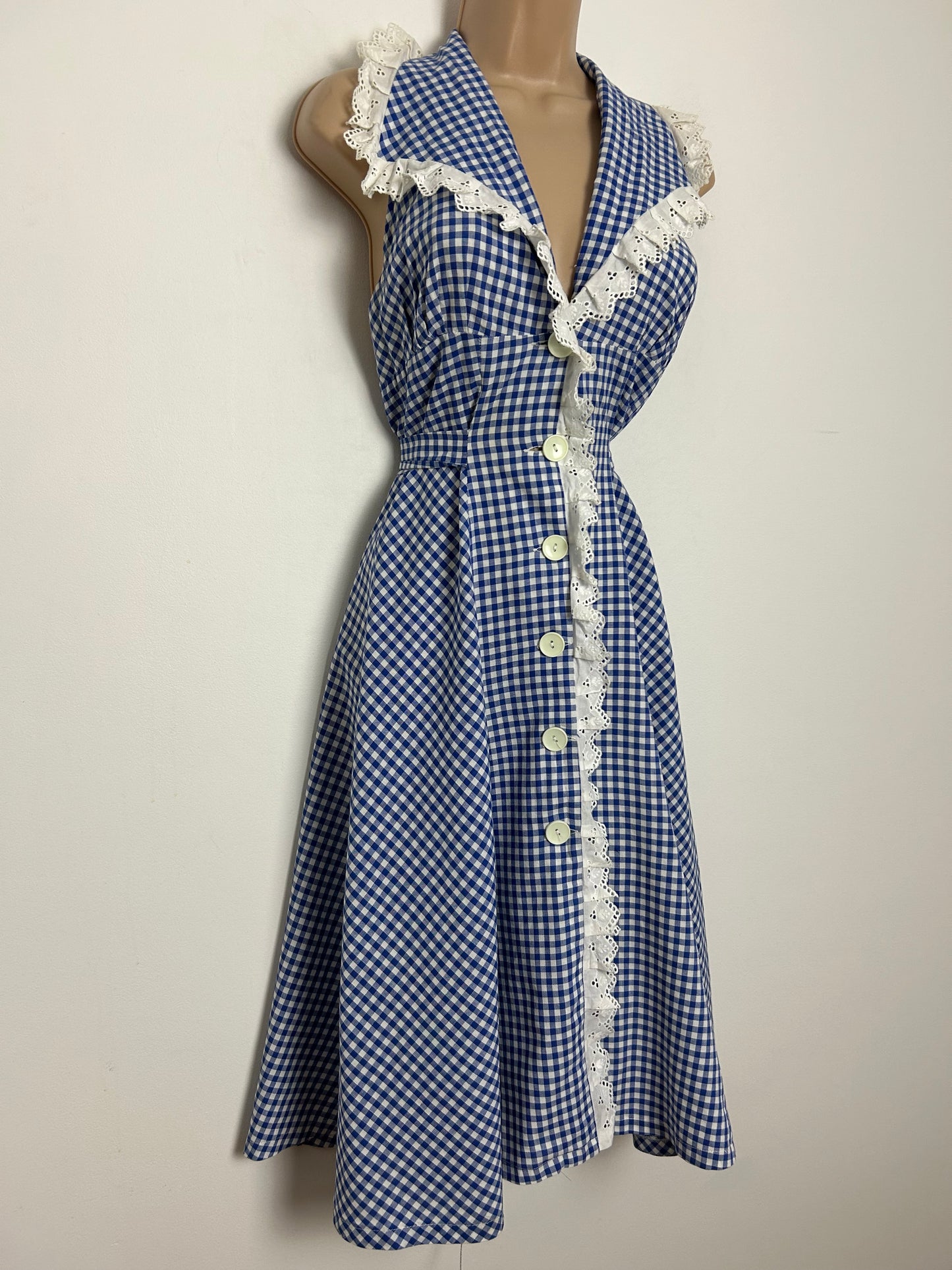 Vintage 1970s Size 6-8 Blue & White Gingham Check Lace Trim Open Back Tie Back Midi Cotton Summer Dress