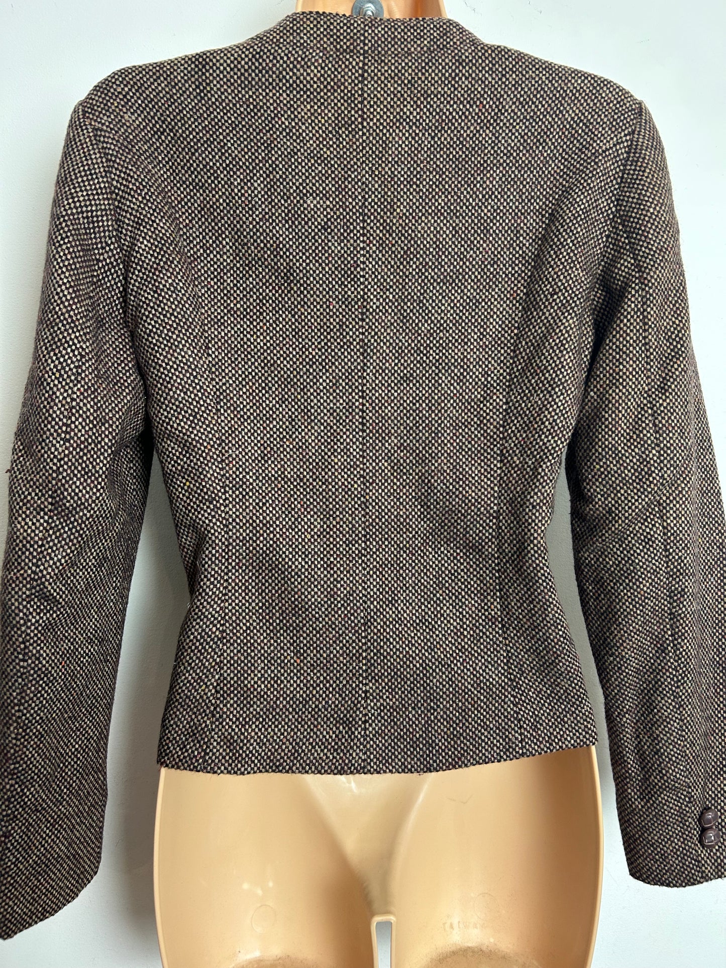 Vintage 1980s PLUM TREE CANADA Size 10 Brown Tweed Wool Mix Collarless Blazer