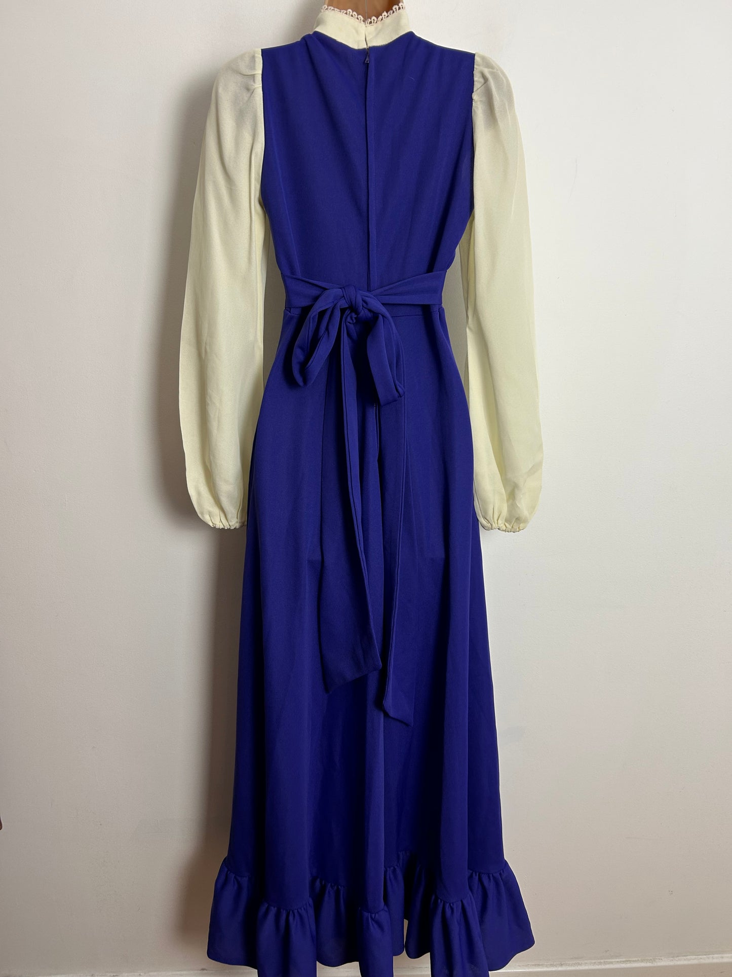 Vintage 1970s UK Size 6-8 Purple & Cream Contrast Prairie Boho Long Sleeve Maxi Dress