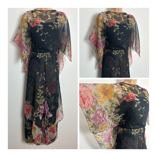 Vintage 1970s Size 8 Black Pink & Yellow Floral Print Chiffon Layered Cape Sleeve Maxi Dress