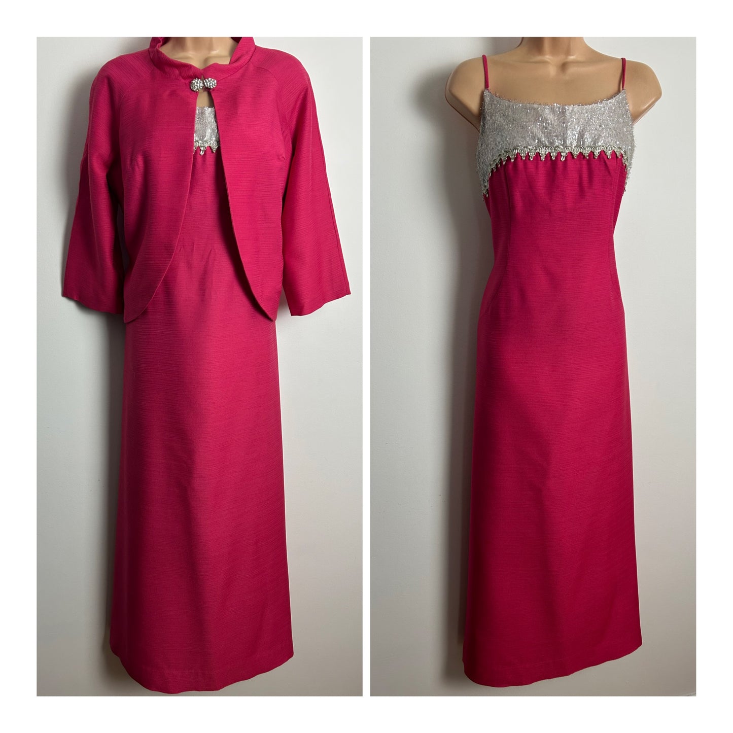 Vintage Early 1960s BLANES Size 10-12 Hot Pink & Silver Tinsel Evening Occasion Dress & Matching Jacket