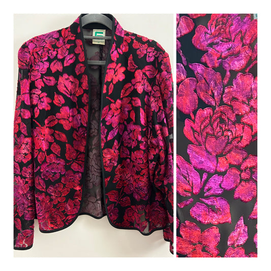 Vintage 1980s FRANKENWALDER UK Size 14-16 Black & Dark Pink Floral Devore Long Sleeve Bolero Cover Up