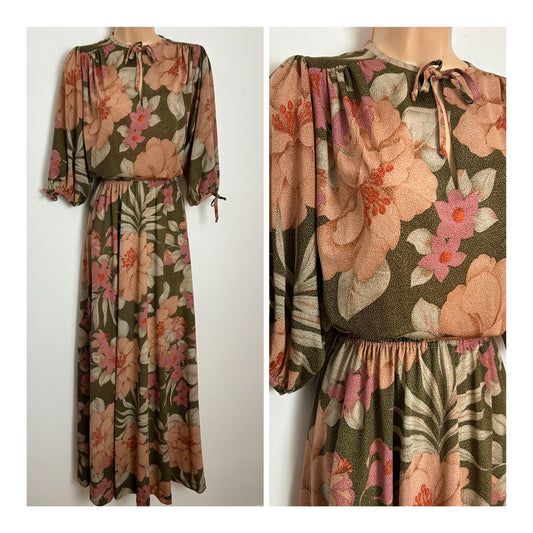 Vintage Late 1970s Size 10 Brown Pink & Coral Floral Print Mid Length Split Sleeves Maxi Dress