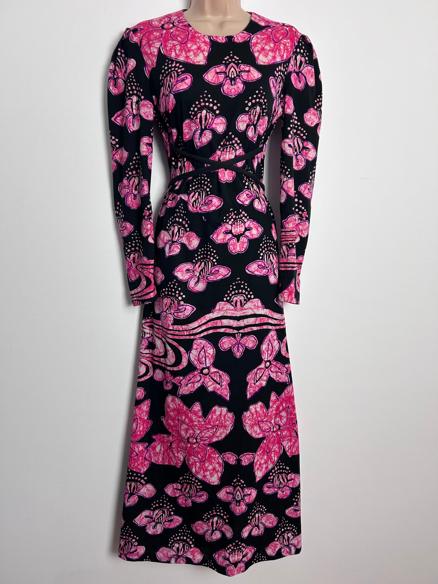 Vintage 1970s CAROLINE YOUTH STYLE UK Size 10-12 Black & Pink Abstract Floral Print Long Sleeve Cross Over Tie Detail Maxi Dress