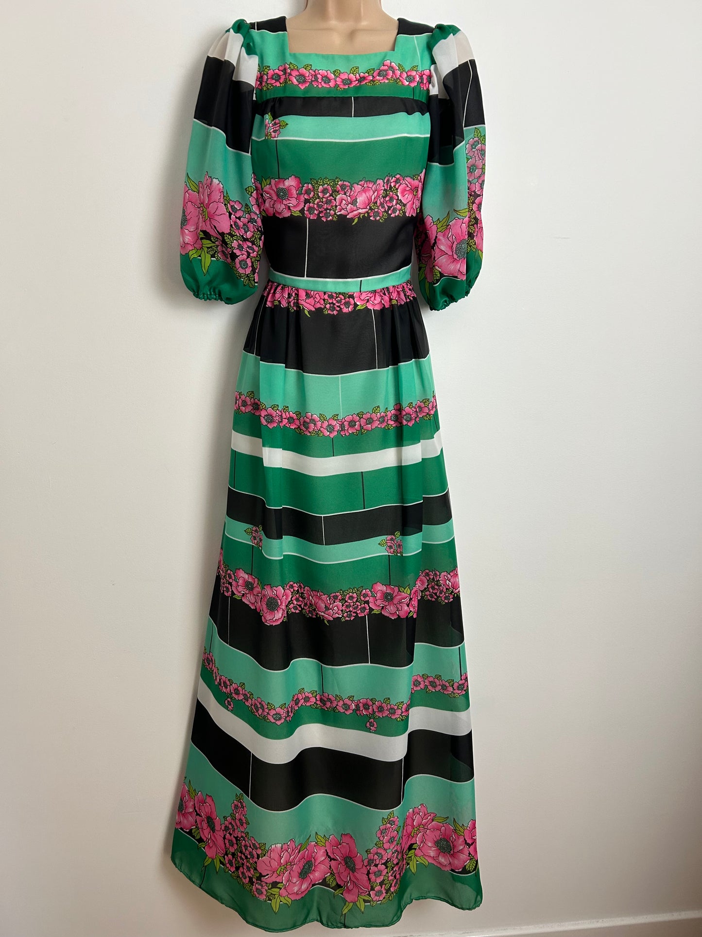 Vintage 1970s Size 10-12 Black Green White & Pink Stripe & Floral Print Puffed Sleeve Maxi Dress