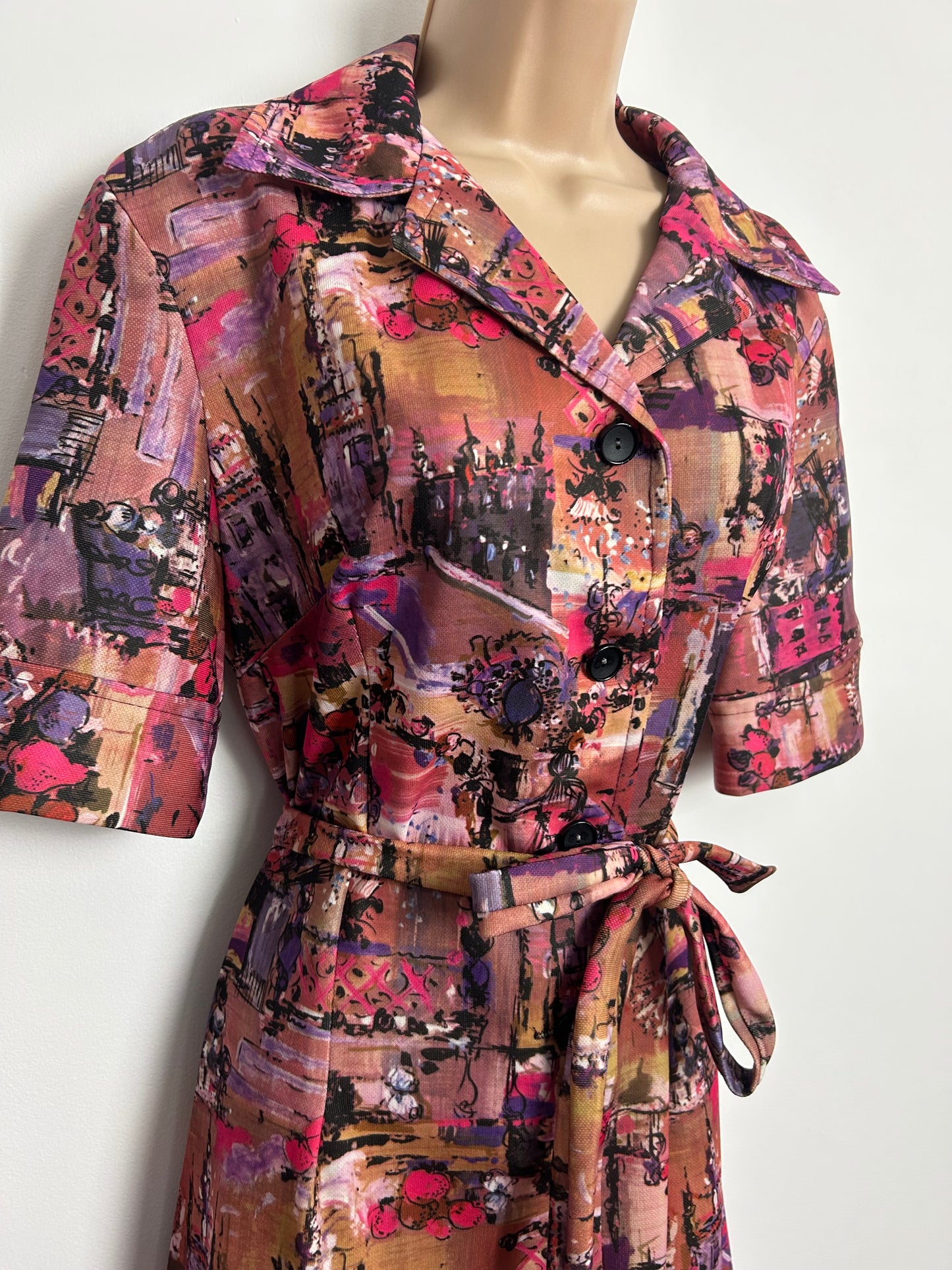 Vintage 1970s Size 14-16 Beige Purple & Pink Warm Tones Abstract Belted Day Dress