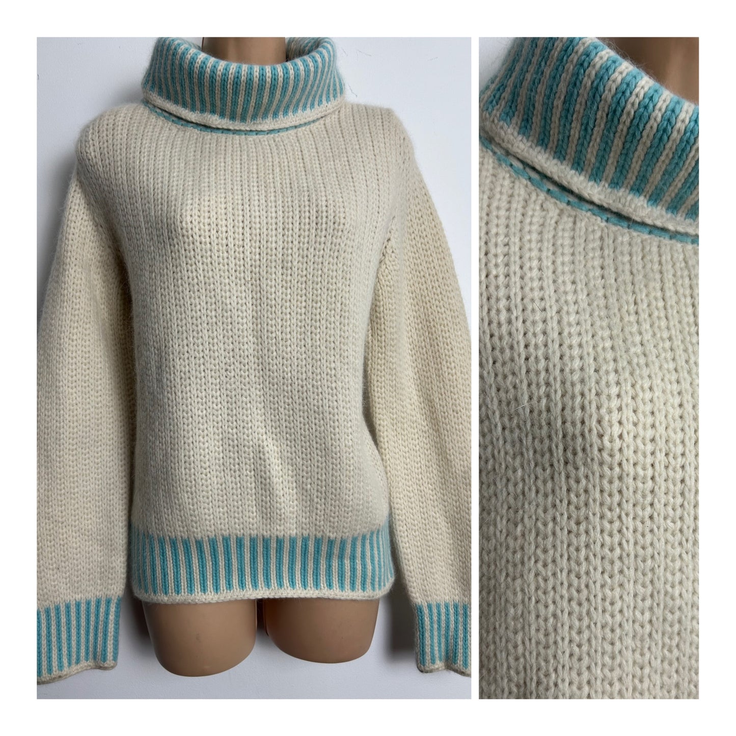 Vintage 1980s Size 12-14 Cream & Blue Chunky Knit Funnel Neck Long Sleeve Wool Jumper