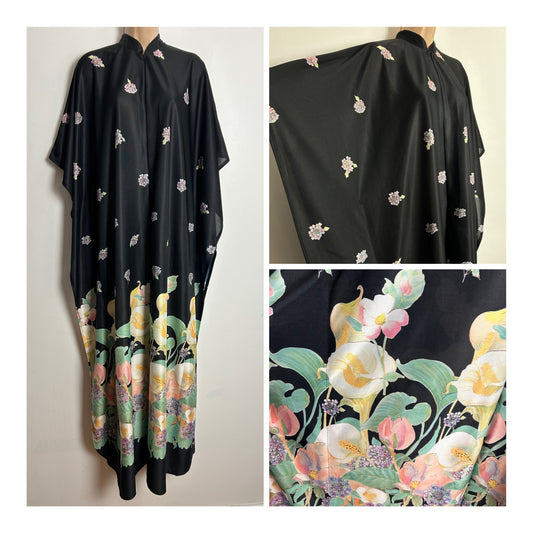 Vintage Late 70s/Early80s WILROSE One Size Black Calla Lily Floral Print Zip Front Maxi Length Kaftan