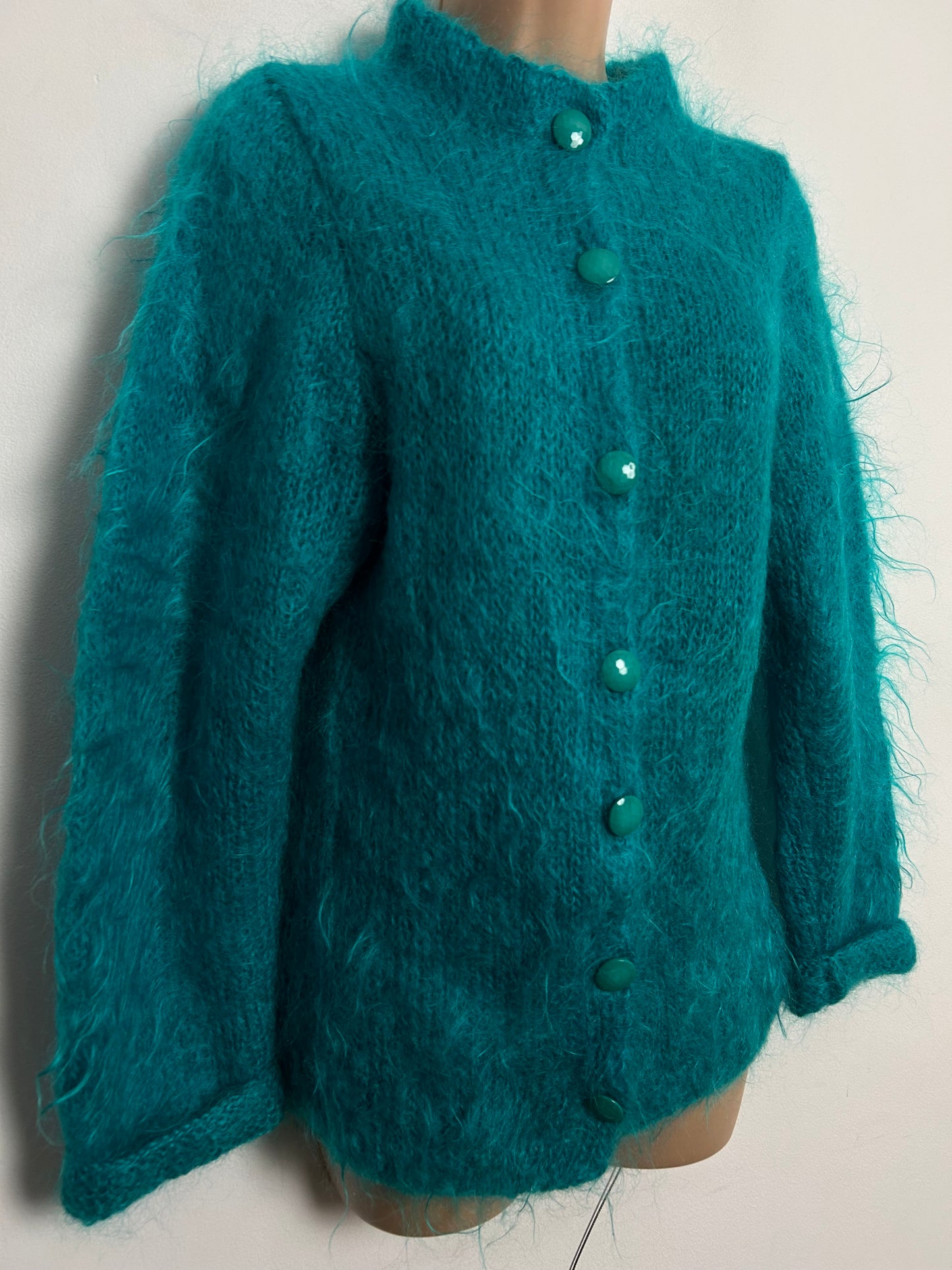 Vintage 1980s Size 8-10 Dark Turquoise Mohair Mix Long Sleeve Cardigan