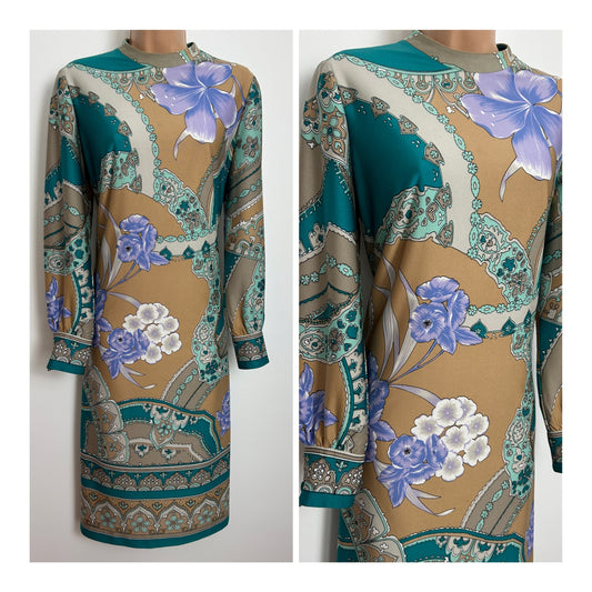 Vintage 1970s Size 12 Teal Beige & Lilac Abstract Floral & Border Print Long Sleeve Shift Dress