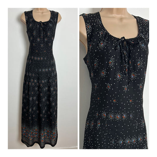 Vintage 1970s Size 12-14 Black Polka Dot & Floral Print Sleeveless Pleated Maxi Dress