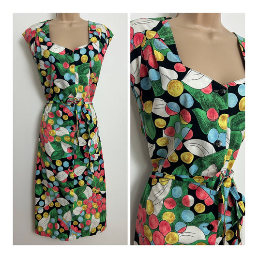 Vintage 1980s Size 16 Black & Multicolour Leaf & Spot Print Belted Cotton Day Dress