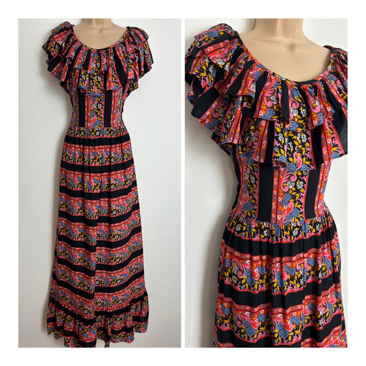 Vintage 1970s Size 6 Black Red Pink & Blue Floral Stripe Print Double Ruffle Collar Prairie Boho Maxi Dress