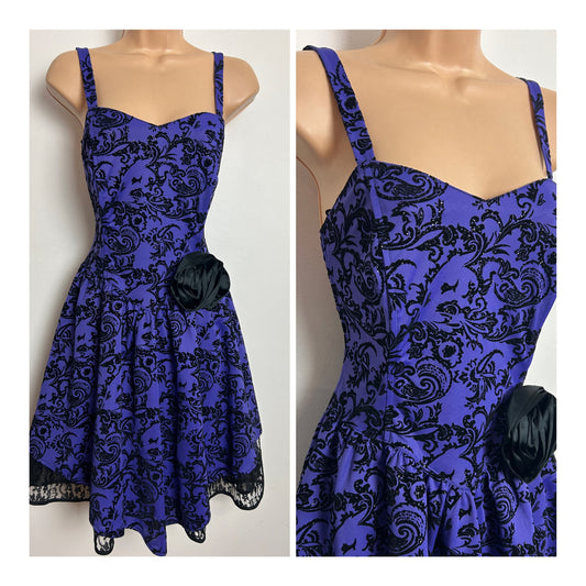 Vintage 1980s Size 10-12 Purple & Black Glitter Flock Corsage Detail Party Prom Dress