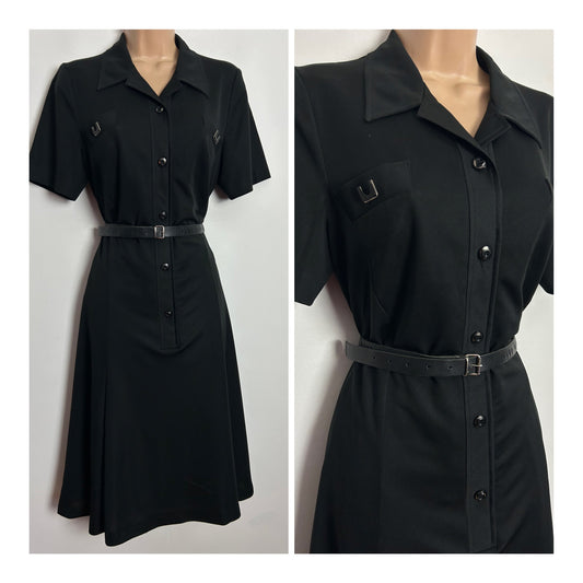 Vintage 1970s UK Size 12 Black Collared Mock Pocket Detail Belted Day Dress