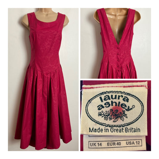 Vintage 80s LAURA ASHLEY UK 10 (Size 14 On Label) Pink Embossed Floral Pattern Pleated Midi Dress