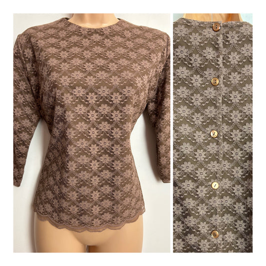 Vintage 1960s UK Size 12 Brown Floral Lace Short Sleeve Button Back Blouse/Top