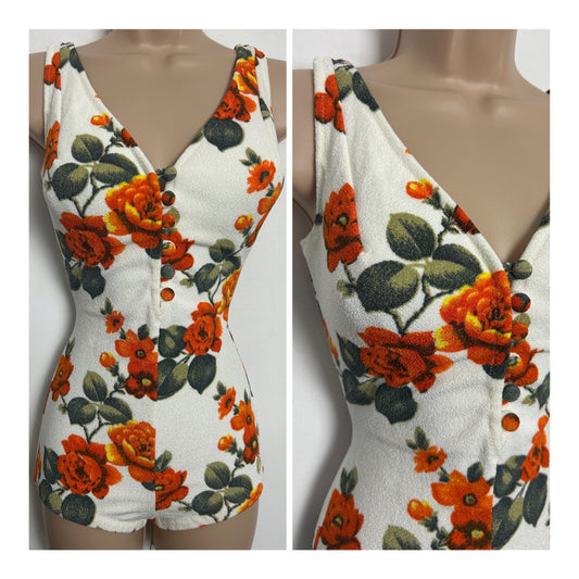 Vintage Early 1970s TRIUMPH INTERNATIONAL Size 8-10 White Orange & Green Floral Moulded Swimsuit