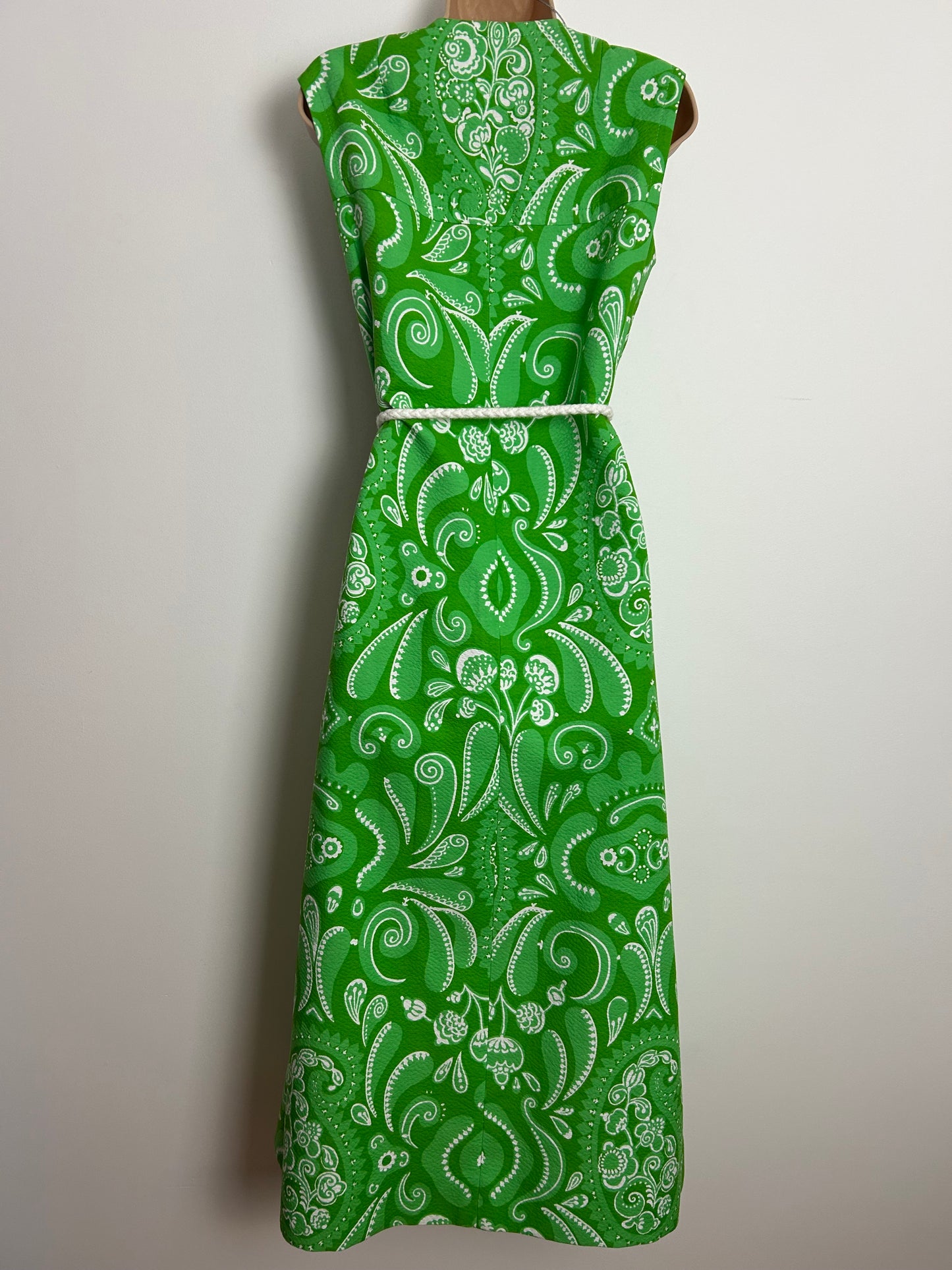 Vintage 1970s QUEILLER Size 10-12 Green & White Textured Cotton Floral & Paisley Print Belted Maxi Dress