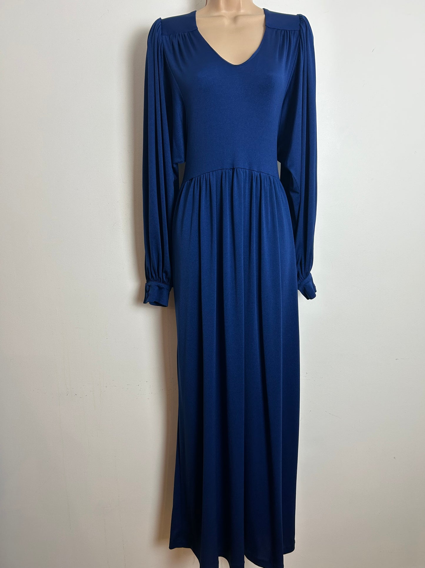 Vintage 1970s EMCAR Size 10-12 Navy Blue Long Billowy Balloon Sleeve Empire Line Maxi Dress