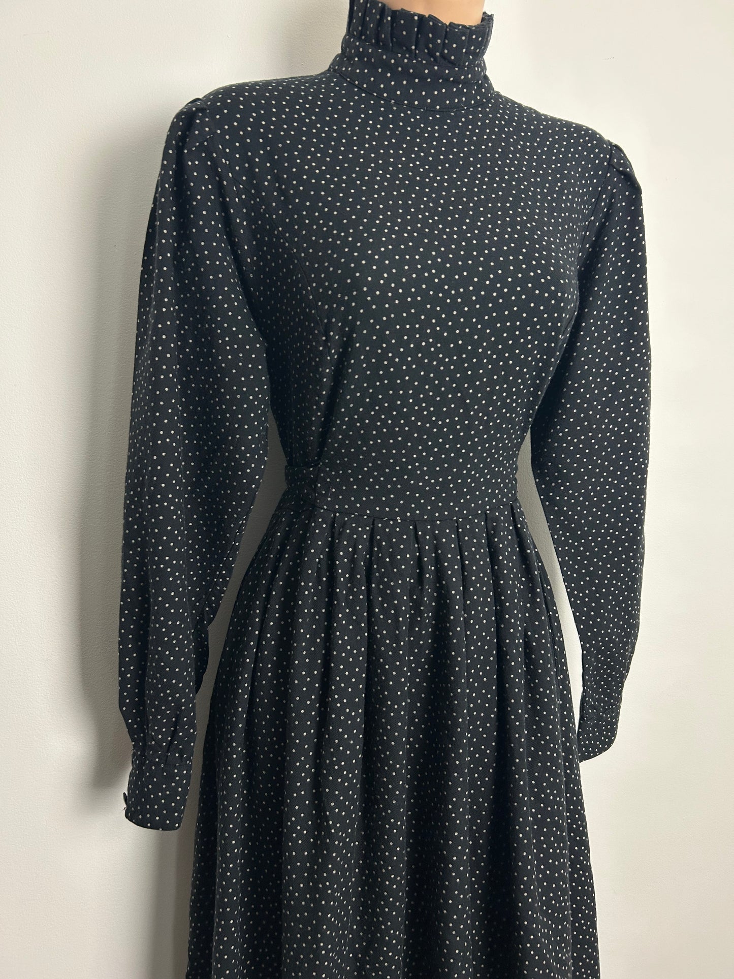 Vintage Early 1980s LAURA ASHLEY Size 12/14 (14 On Label) Black Polka Dot Tie Back Wool Mix Midi Dress