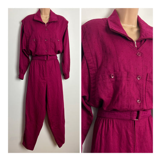 Vintage 1980s UK Size 10-12 Magenta Pink Cotton Long Sleeve Belted Jumpsuit