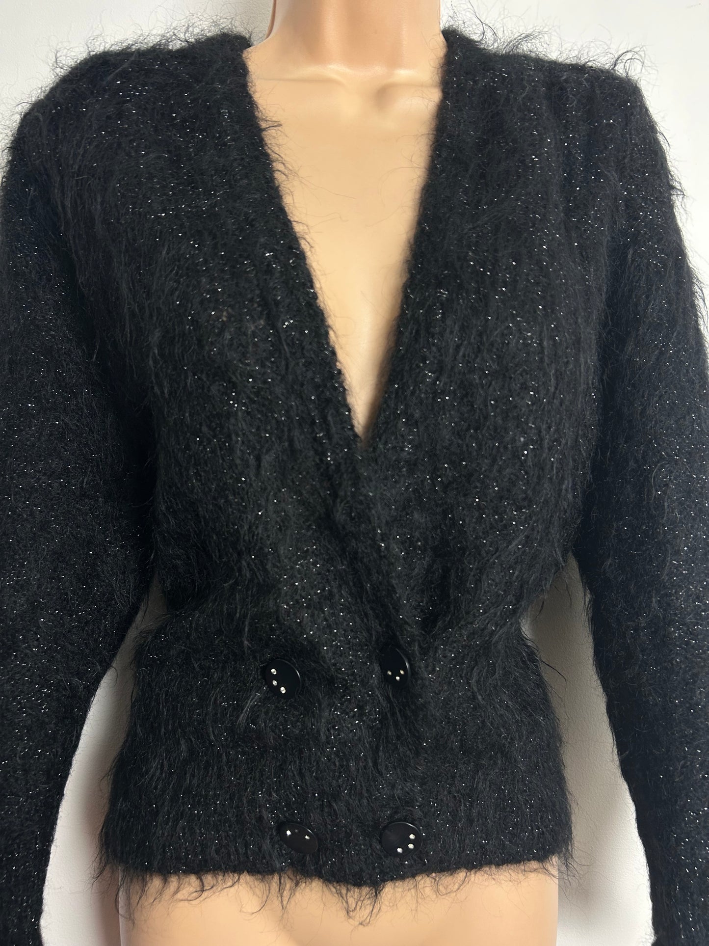 Vintage 1980s Size 12-14 Black Glittery Mohair Mix Cardigan