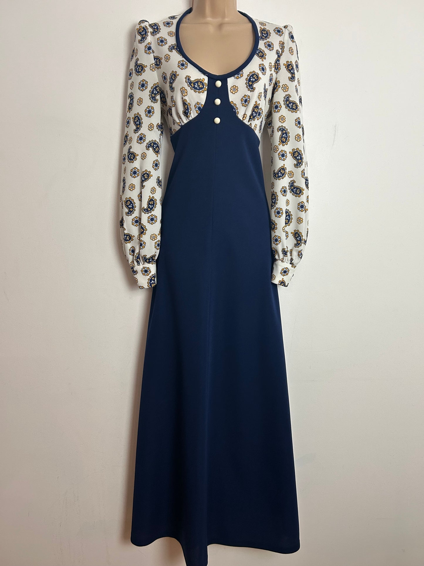 Vintage 1970s UK Size 8-10 Navy Blue White & Yellow Paisley Print Long Sleeve Maxi Dress