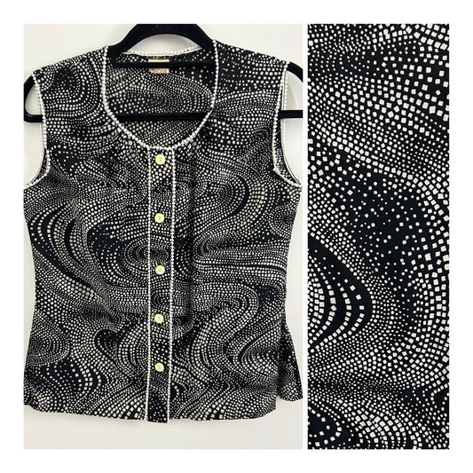 Vintage 1970s JACOB Size 12 Pretty Black & White Abstract Geo Print Sleeveless Blouse/Top